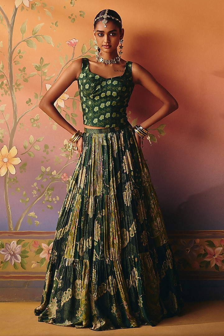 Green Dupion Silk Printed Layered Skirt Set by Drishti & Zahabia at Pernia's Pop Up Shop