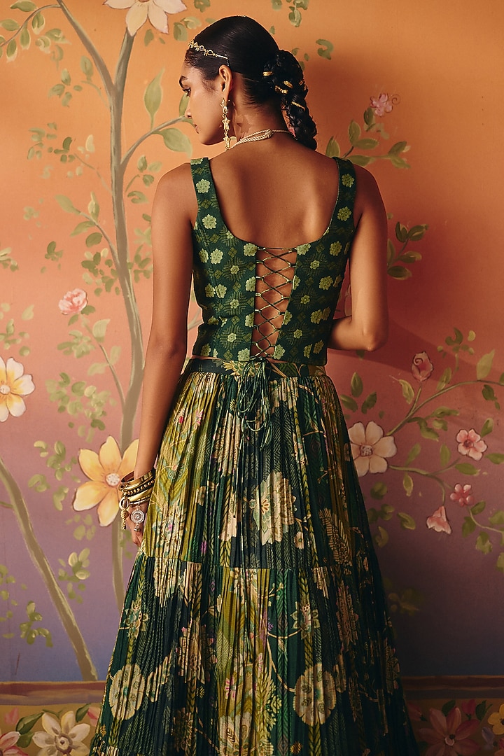 Green Dupion Silk Printed Layered Skirt Set by Drishti & Zahabia at Pernia's Pop Up Shop