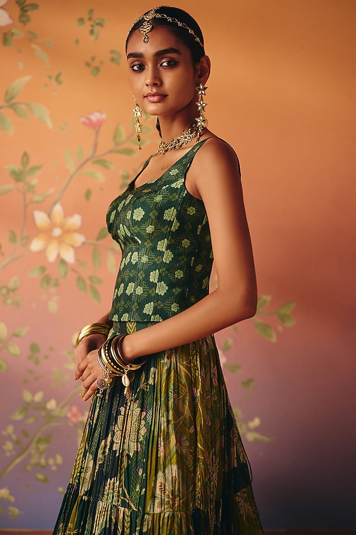 Green Dupion Silk Printed Layered Skirt Set by Drishti & Zahabia at Pernia's Pop Up Shop