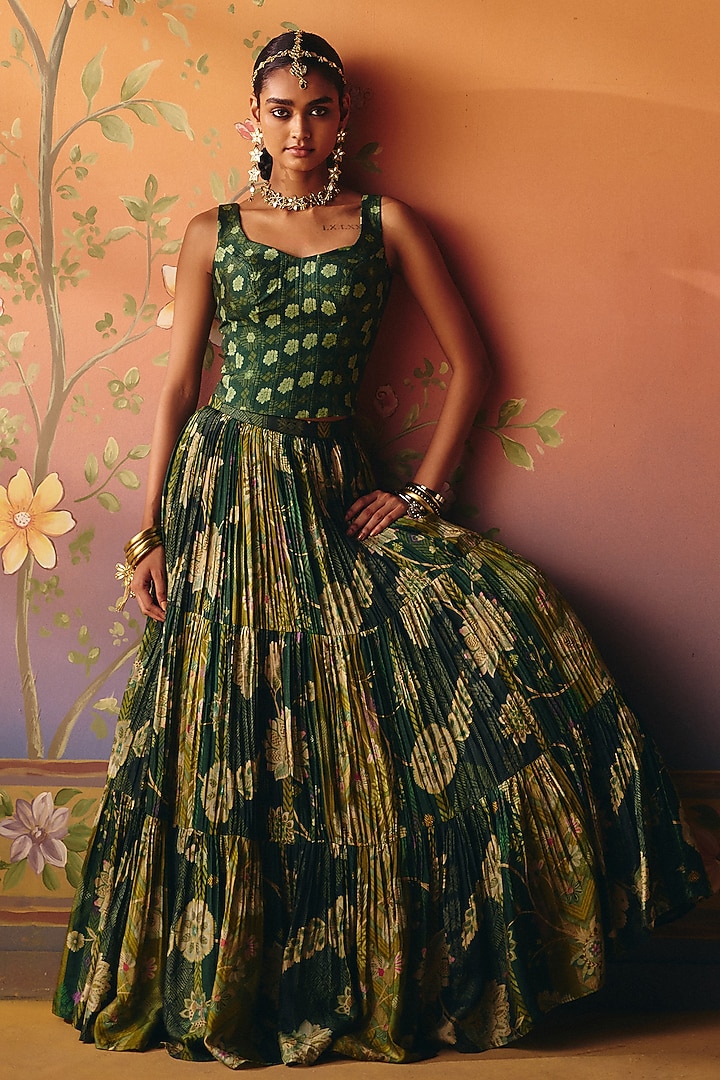Green Dupion Silk Printed Layered Skirt Set by Drishti & Zahabia at Pernia's Pop Up Shop