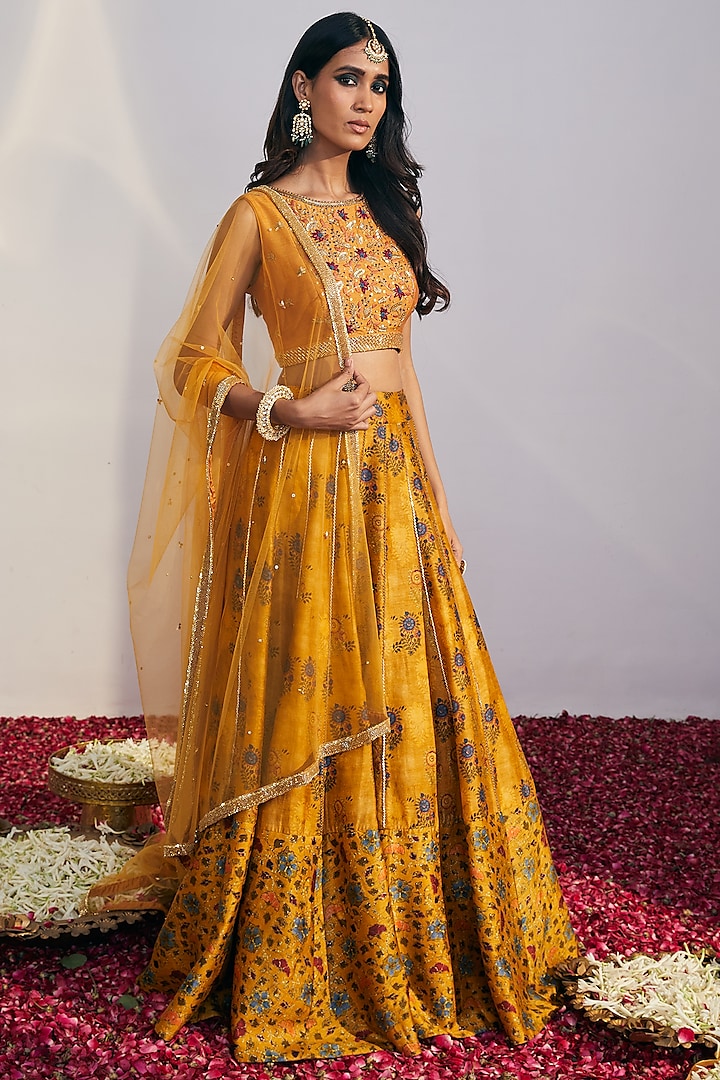 Mustard Printed Kalidar Lehenga Set by Drishti & Zahabia