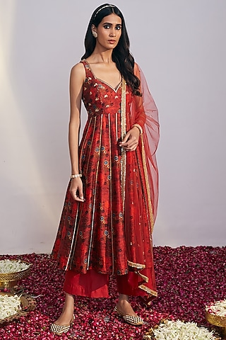 Cherry Red Floral Printed Anarkali Set by Drishti & Zahabia