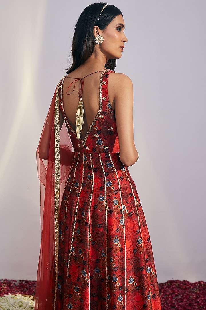 Cherry Red Floral Printed Wedding Anarkali Set by Drishti & Zahabia at Pernia's Pop Up Shop