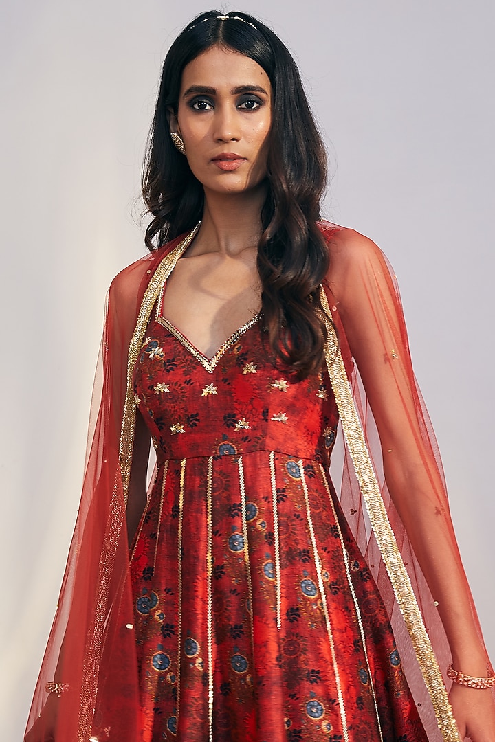 Cherry Red Floral Printed Wedding Anarkali Set by Drishti & Zahabia at Pernia's Pop Up Shop