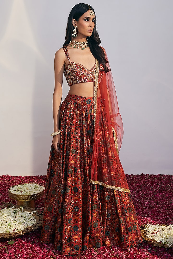 Red Printed Lehenga With Red Embroidered Blouse and Printed Dupatta in 2024