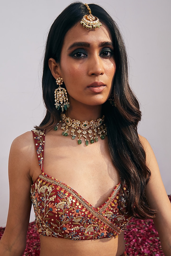 Cherry Red Floral Printed Wedding Lehenga Set by Drishti & Zahabia at Pernia's Pop Up Shop