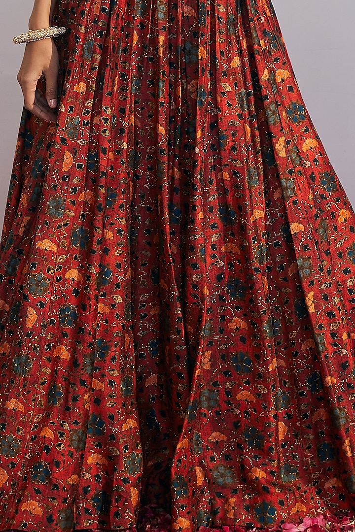 Cherry Red Floral Printed Wedding Lehenga Set by Drishti & Zahabia at Pernia's Pop Up Shop