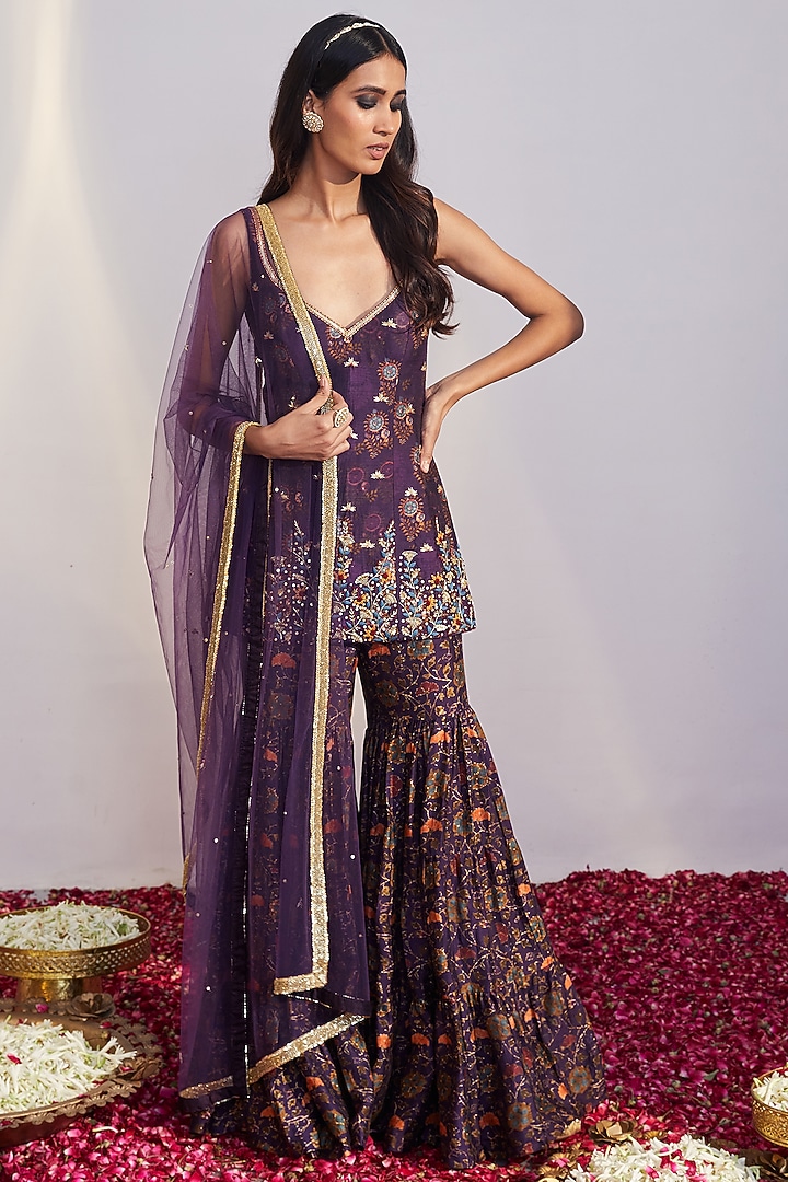 Purple Printed Wedding Sharara Set by Drishti & Zahabia at Pernia's Pop Up Shop