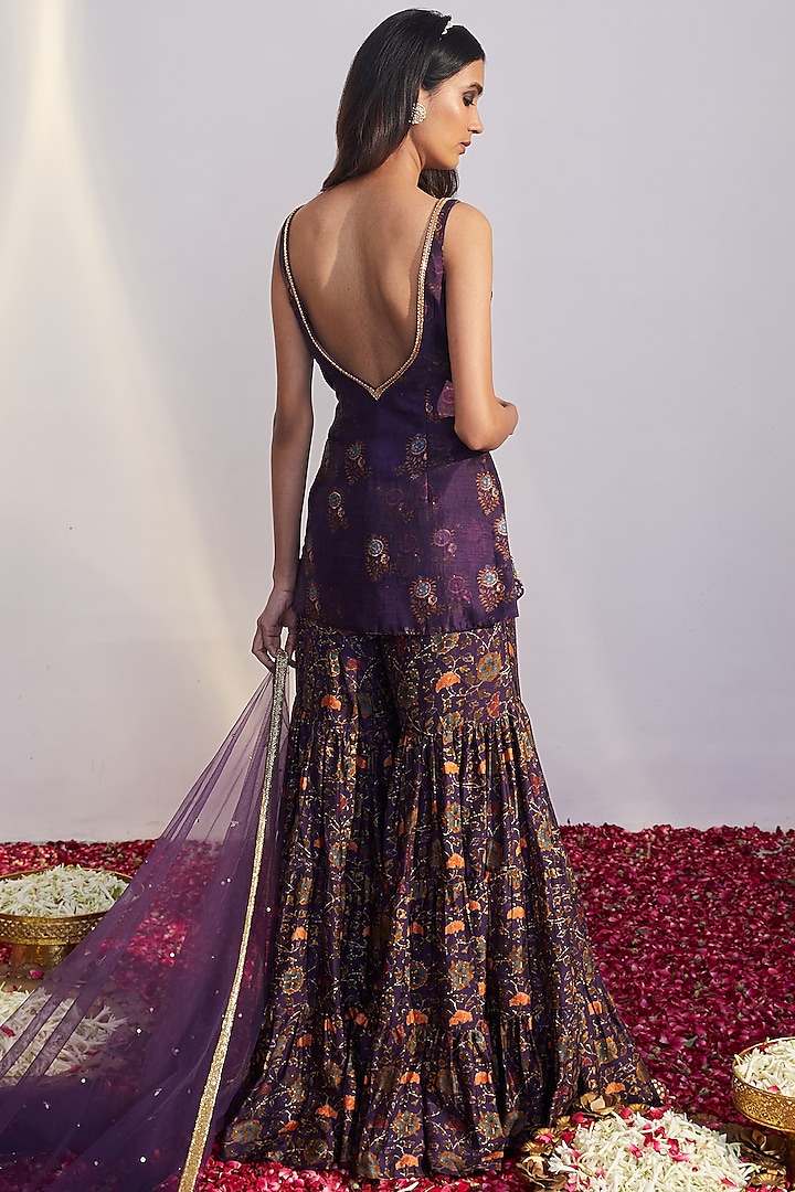 Purple Printed Wedding Sharara Set by Drishti & Zahabia at Pernia's Pop Up Shop