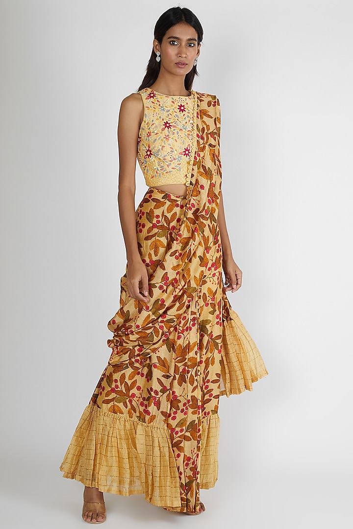 Yellow Printed Ruffled Saree Set by Drishti & Zahabia