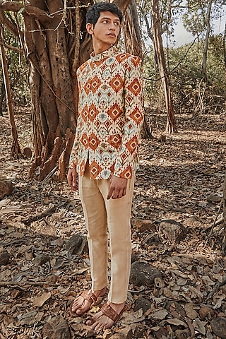 Beige Printed Jodhpuri Jacket Set by Drishti & Zahabia Mens