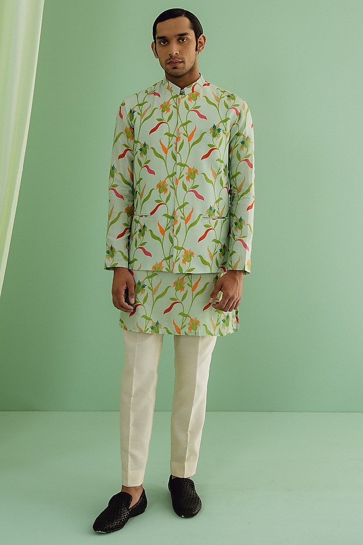 Green Dupion Silk Digital Printed Bundi Jacket With Kurta Set by Drishti & Zahabia Men