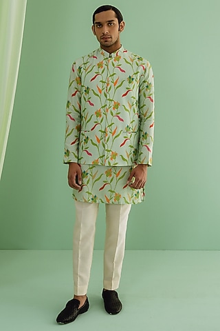 Green Dupion Silk Digital Printed Bundi Jacket Set by Drishti & Zahabia Mens