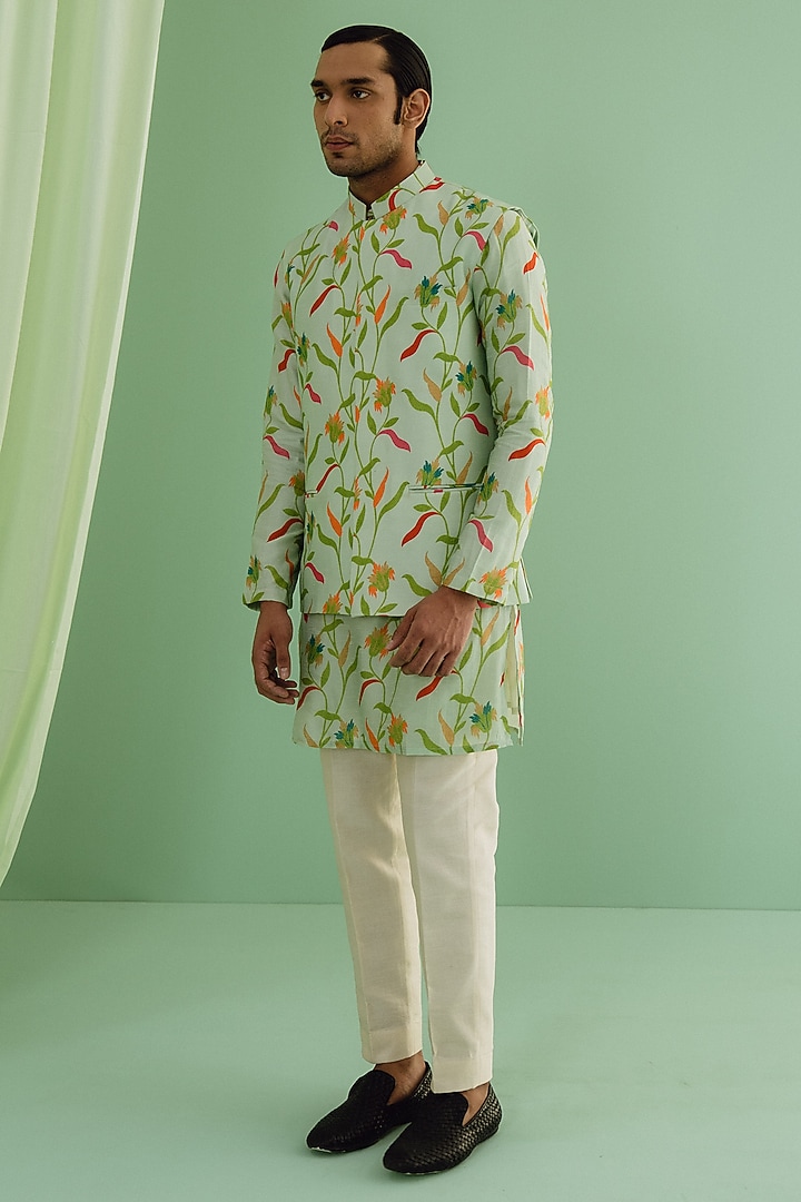 Green Dupion Silk Digital Printed Bundi Jacket Set by Drishti & Zahabia Mens at Pernia's Pop Up Shop
