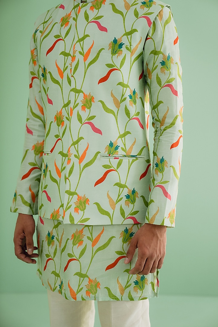 Green Dupion Silk Digital Printed Bundi Jacket Set by Drishti & Zahabia Mens at Pernia's Pop Up Shop