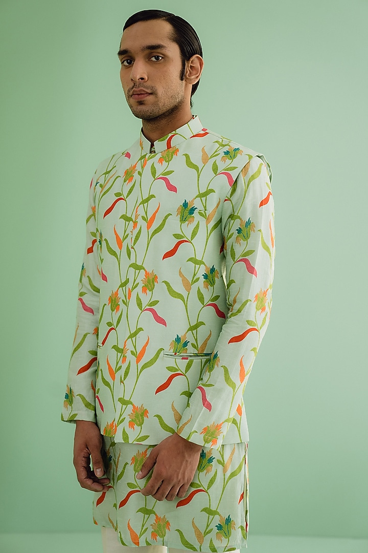 Green Dupion Silk Digital Printed Bundi Jacket Set by Drishti & Zahabia Mens at Pernia's Pop Up Shop