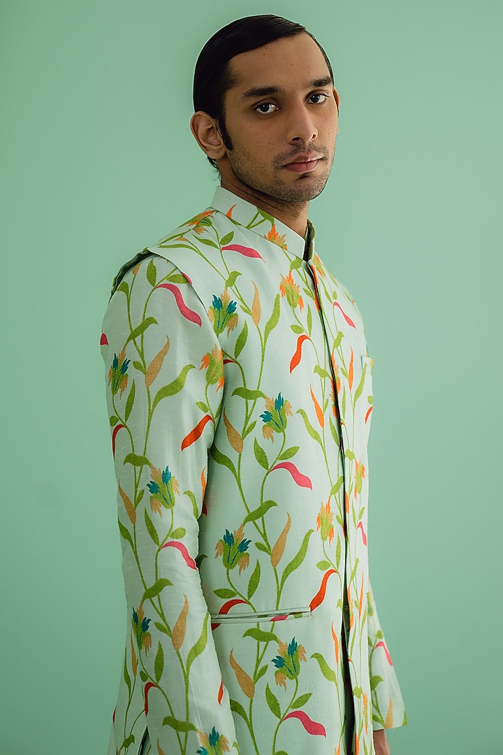Green Dupion Silk Digital Printed Bundi Jacket Set by Drishti & Zahabia Mens at Pernia's Pop Up Shop