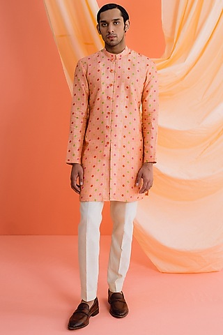 Peach Dupion Silk Digital Printed Kurta Set by Drishti & Zahabia Mens