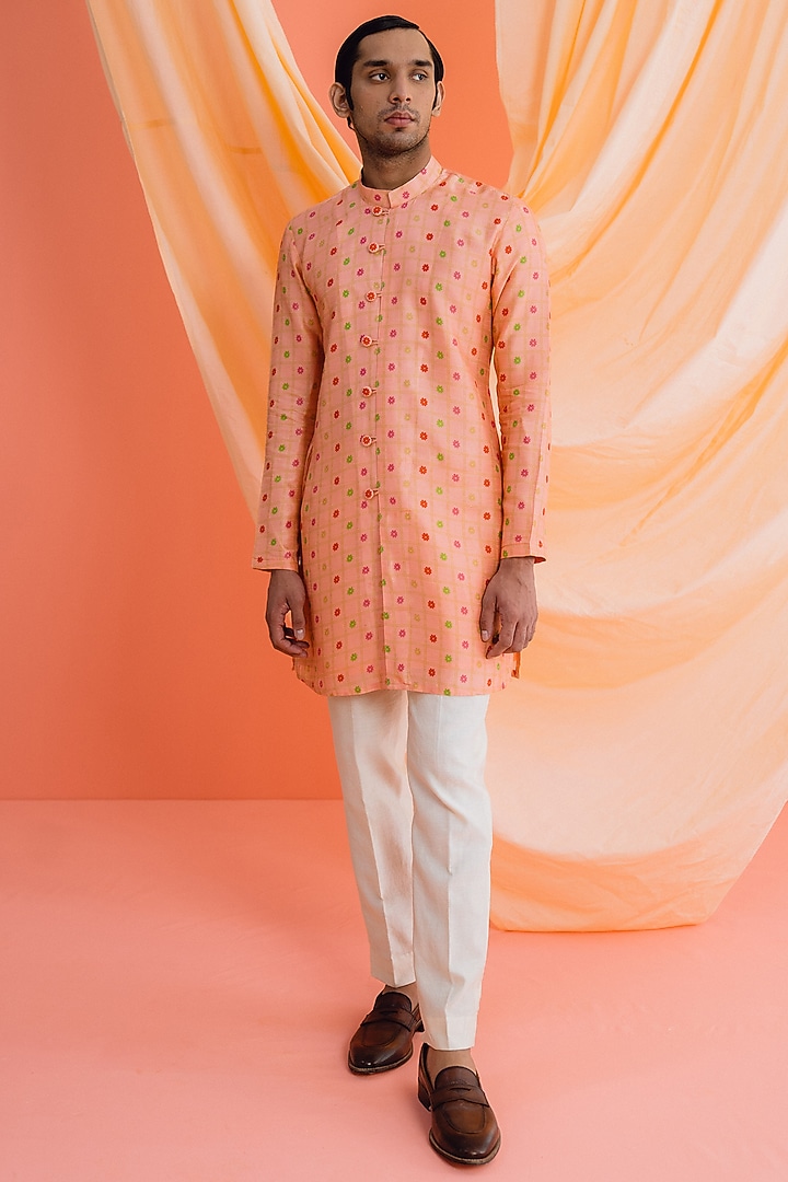 Peach Dupion Silk Digital Printed Kurta Set by Drishti & Zahabia Mens at Pernia's Pop Up Shop