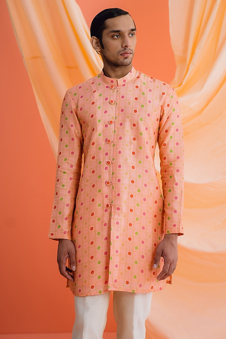 Peach Dupion Silk Digital Printed Kurta Set by Drishti & Zahabia Mens at Pernia's Pop Up Shop