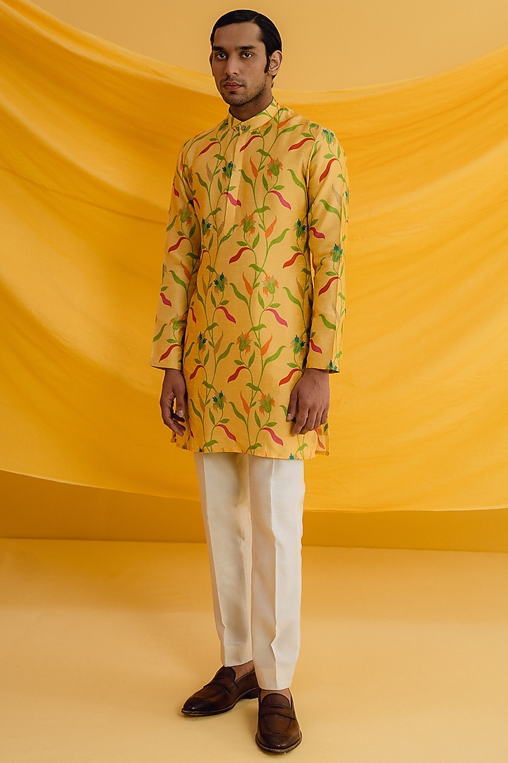 Yellow Dupion Silk Digital Printed Kurta Set by Drishti & Zahabia Mens at Pernia's Pop Up Shop