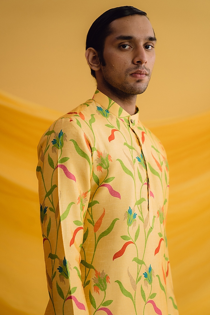 Yellow Dupion Silk Digital Printed Kurta Set by Drishti & Zahabia Mens at Pernia's Pop Up Shop