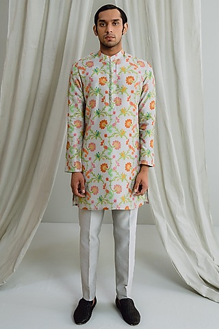 Ivory Dupion Silk Digital Printed Kurta Set by Drishti & Zahabia Mens