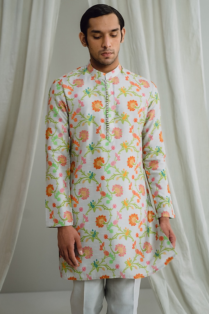 Ivory Dupion Silk Digital Printed Kurta Set by Drishti & Zahabia Mens at Pernia's Pop Up Shop