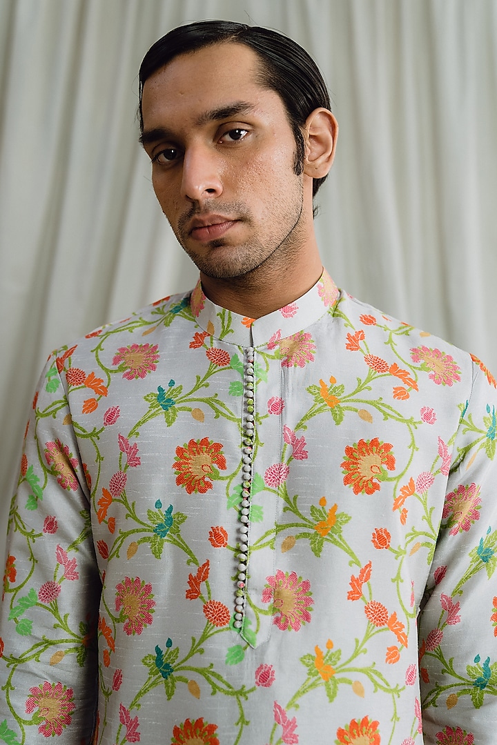 Ivory Dupion Silk Digital Printed Kurta Set by Drishti & Zahabia Mens at Pernia's Pop Up Shop