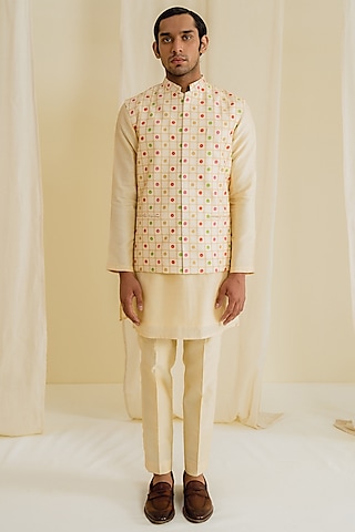 Cream Dupion Silk Digital Printed Bundi Jacket Set by Drishti & Zahabia Mens