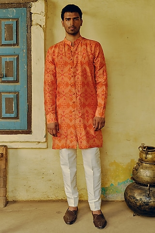 Rust Dupion Silk Printed Kurta Set by Drishti & Zahabia Mens