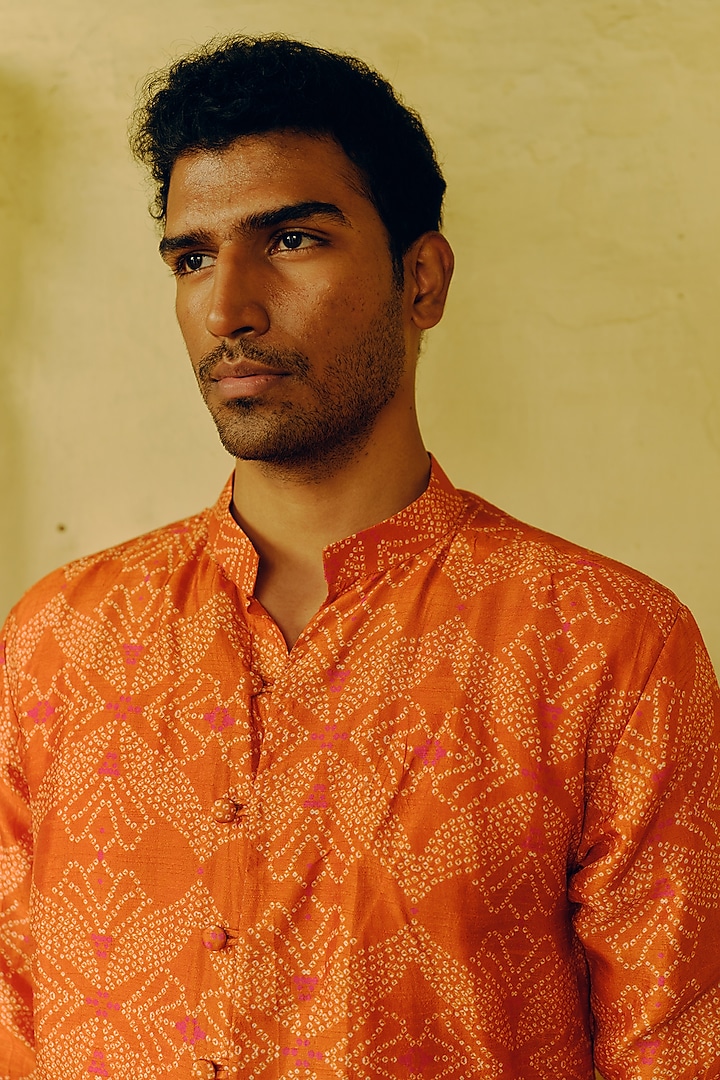 Rust Dupion Silk Printed Kurta Set by Drishti & Zahabia Mens at Pernia's Pop Up Shop