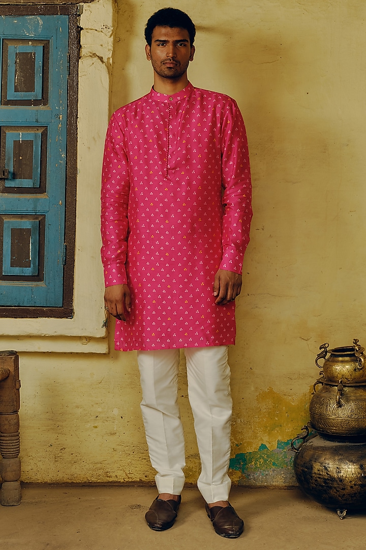 Rani Pink Dupion Silk Kurta Set by Drishti & Zahabia Men