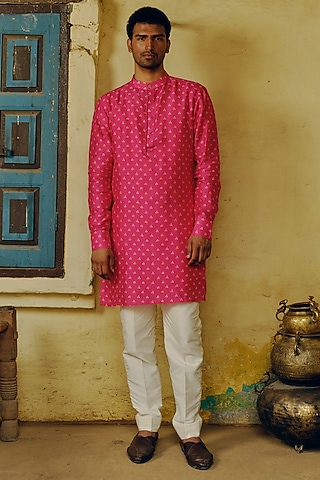 Rani Pink Dupion Silk Kurta Set by Drishti & Zahabia Mens