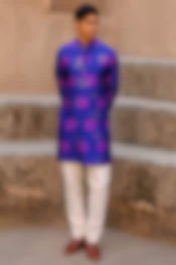 Blue Dupion Silk Digital Printed Kurta Set by Drishti & Zahabia Men at Pernia's Pop Up Shop