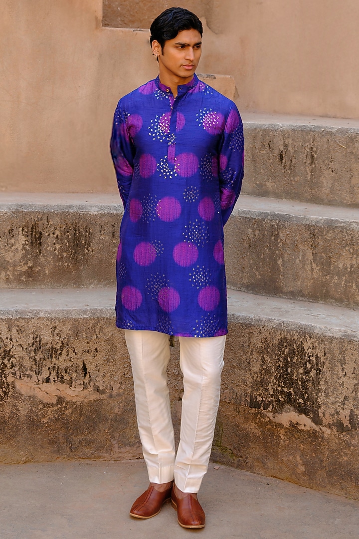 Blue Dupion Silk Digital Printed Kurta Set by Drishti & Zahabia Men at Pernia's Pop Up Shop