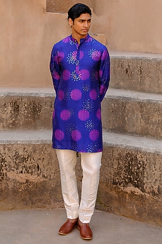 Blue Dupion Silk Digital Printed Kurta Set by Drishti & Zahabia Men