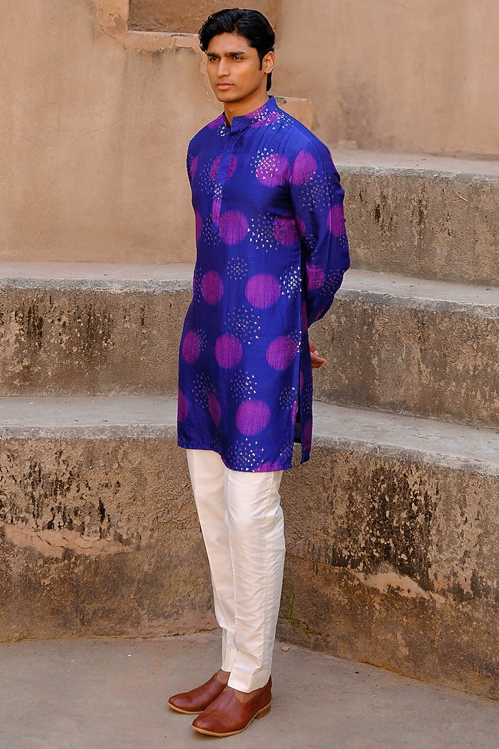 Blue Dupion Silk Digital Printed Kurta Set by Drishti & Zahabia Men at Pernia's Pop Up Shop