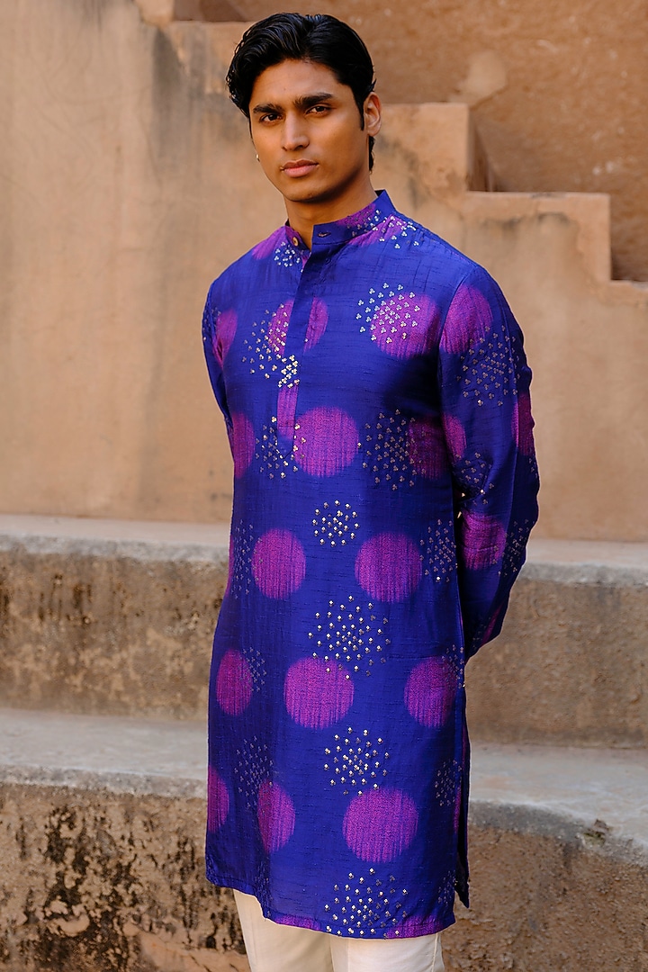 Blue Dupion Silk Digital Printed Kurta Set by Drishti & Zahabia Men at Pernia's Pop Up Shop