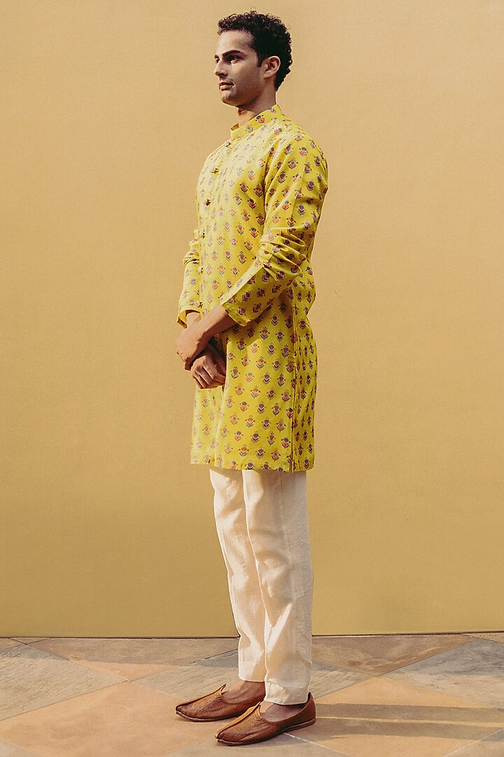 Sunshine Yellow Dupion Silk Printed Kurta Set by Drishti & Zahabia Mens at Pernia's Pop Up Shop
