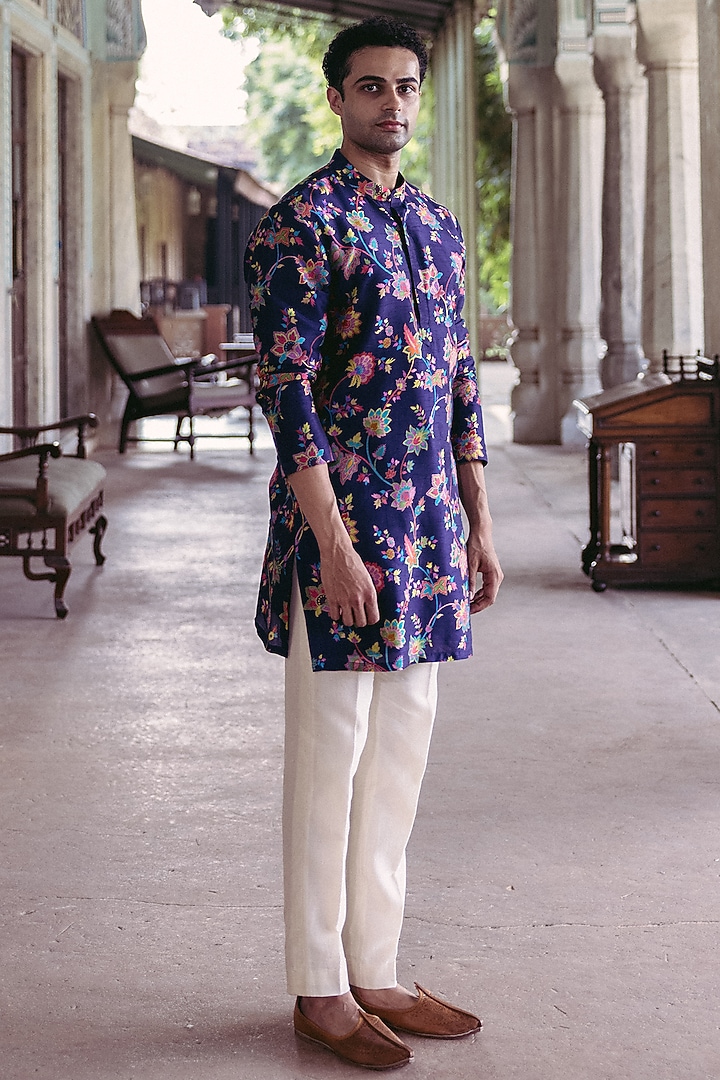 Midnight Blue Dupion Silk Printed Kurta Set by Drishti & Zahabia Mens at Pernia's Pop Up Shop