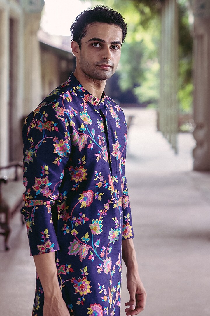 Midnight Blue Dupion Silk Printed Kurta Set by Drishti & Zahabia Mens at Pernia's Pop Up Shop