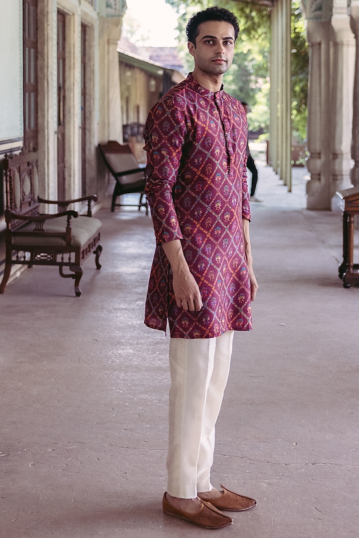 Plum Dupion Silk Printed Kurta Set by Drishti & Zahabia Mens at Pernia's Pop Up Shop