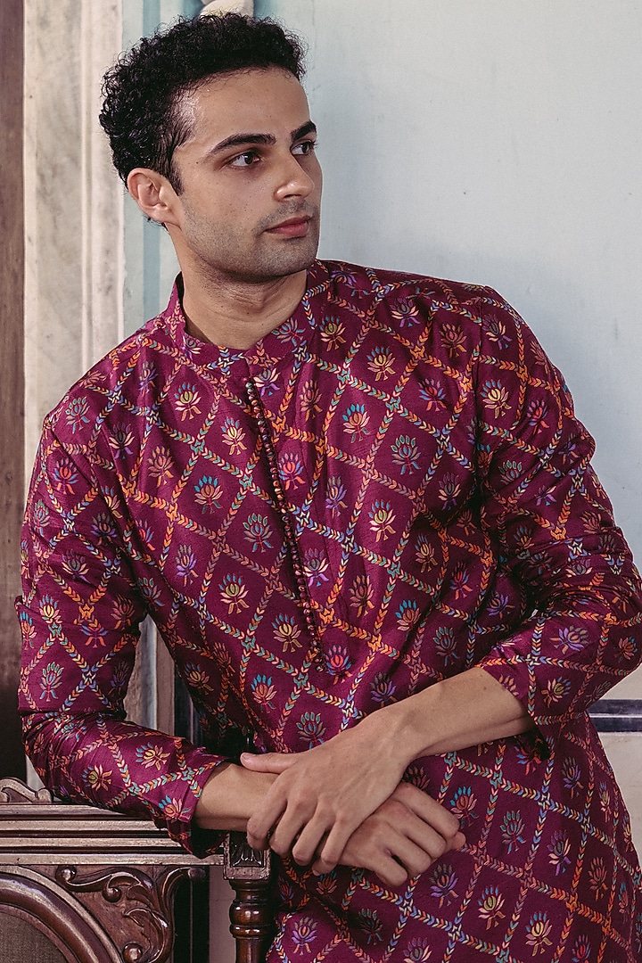 Plum Dupion Silk Printed Kurta Set by Drishti & Zahabia Mens at Pernia's Pop Up Shop