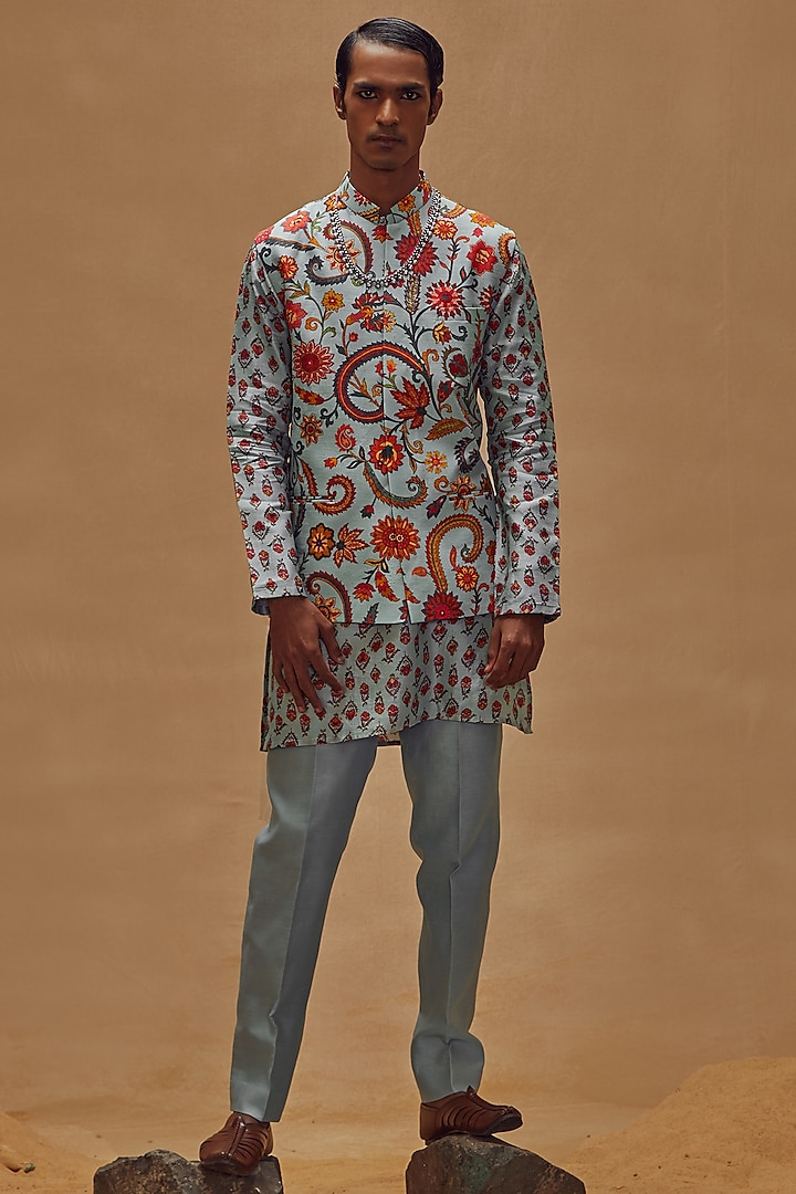 Multi-Coloured Printed Bundi Jacket With Kurta Set by Drishti & Zahabia Men