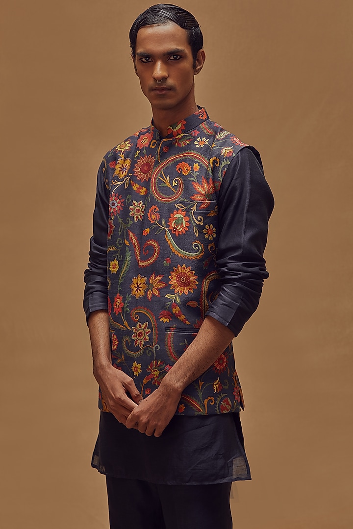 Multi-Colored Dupion Silk Digital Printed Bundi Jacket Set by Drishti & Zahabia Mens at Pernia's Pop Up Shop