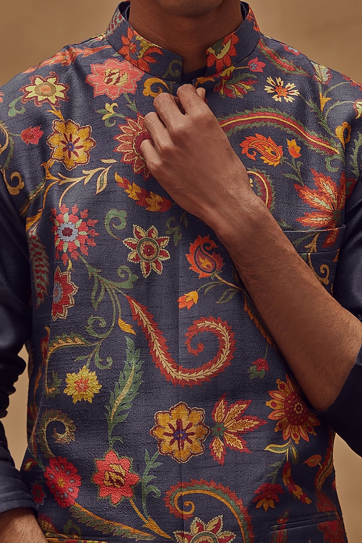 Multi-Colored Dupion Silk Digital Printed Bundi Jacket Set by Drishti & Zahabia Mens at Pernia's Pop Up Shop