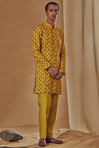 Mustard Silk Printed Kurta Set by Drishti & Zahabia Mens