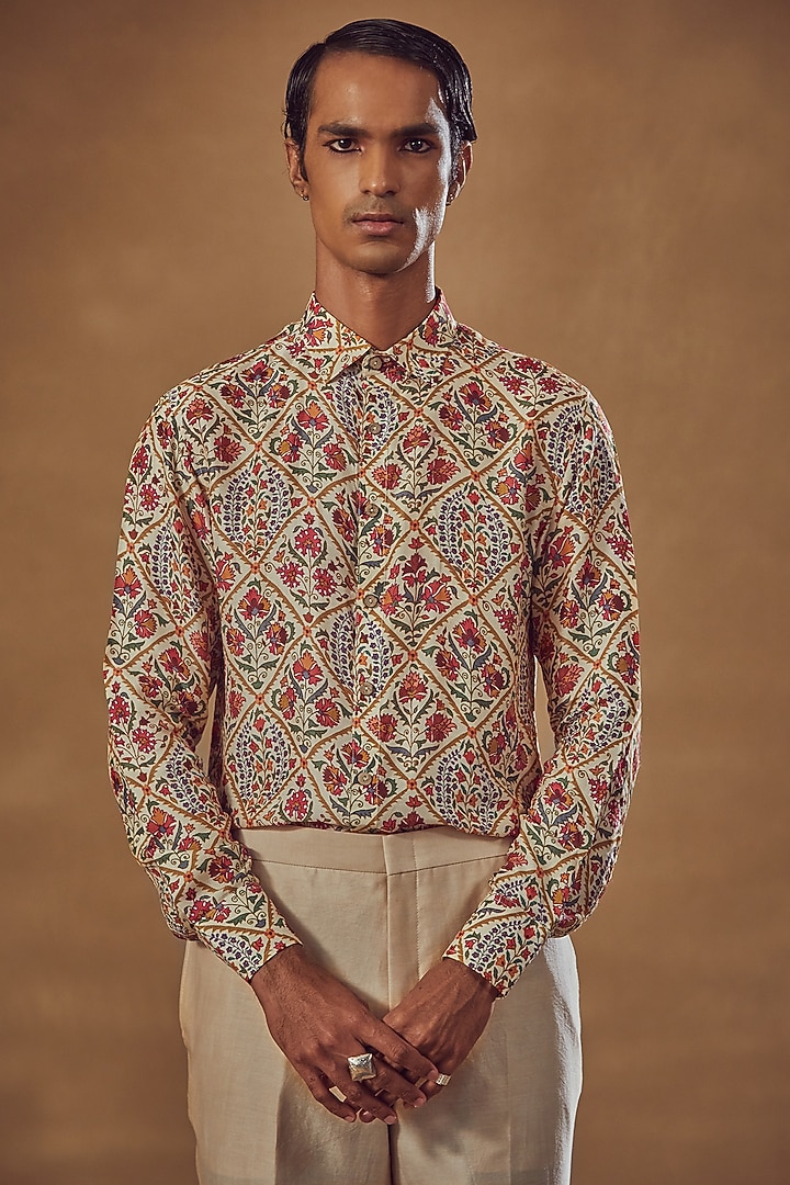 Beige Chanderi Silk Pant Set by Drishti & Zahabia Mens at Pernia's Pop Up Shop