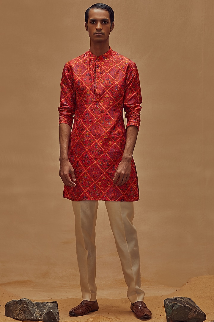 Red Silk Printed Kurta Set by Drishti & Zahabia Men